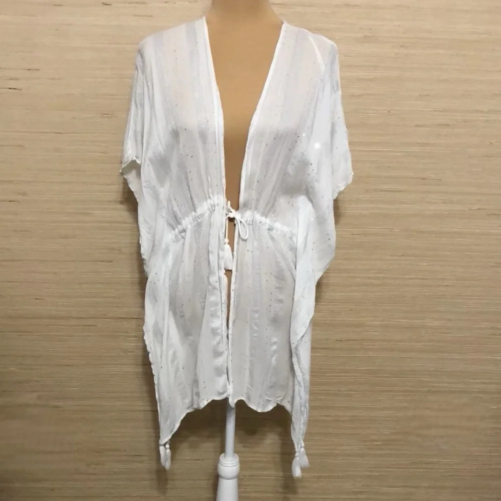 White Women's Swim Drawstring Waist Silver Sequin Tassel Sheer Cover-Up L/XL